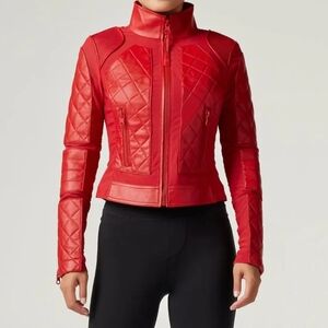Blanc Noir Fiery Red Quilted Leather Jacket